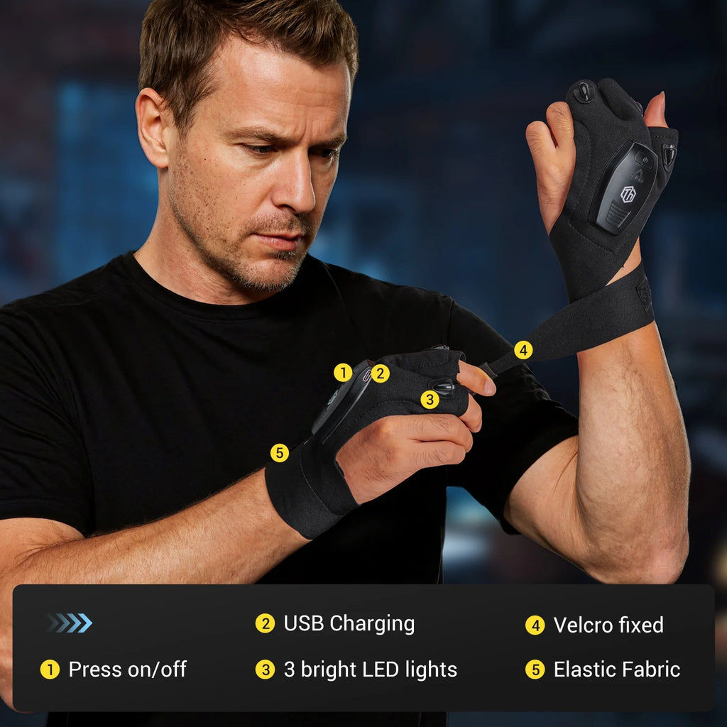Rechargeable LED Flashlight Gloves, Christmas Gifts for Husband, Cool Gadgets for Camping Repairing Fishing, 1 Pair Black
