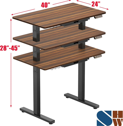 40-Inch Electric Height Adjustable Standing Desk with Drawer, Memory Preset and Cable Management Tray, Walnut