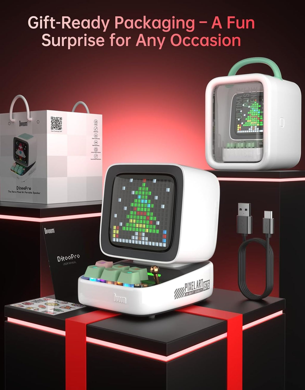 Ditoo Retro Pixel Art Bluetooth Speaker with App-Controlled LED Screen - Stylish White Design