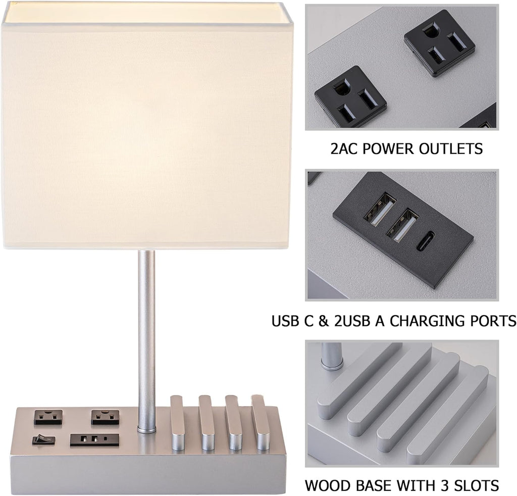 Modern Bedside Table Lamp with 3 USB Ports, 2 AC Outlets & Phone Stands - Stylish Silver Wooden Base Design
