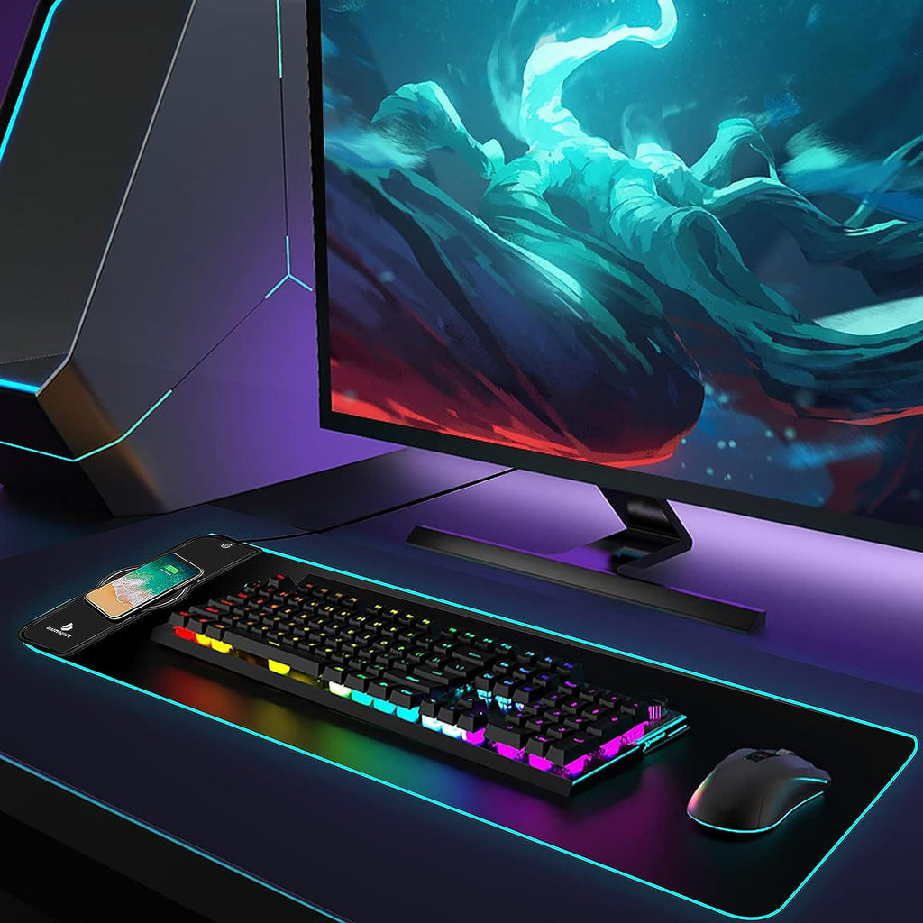 Flare Color Gaming Mouse Pad with Wireless Charging - 15W Fast Charging, 10 Lighting Modes, Perfect for Gaming Keyboard & Mouse, Home & Office, 31.5" x 11.8