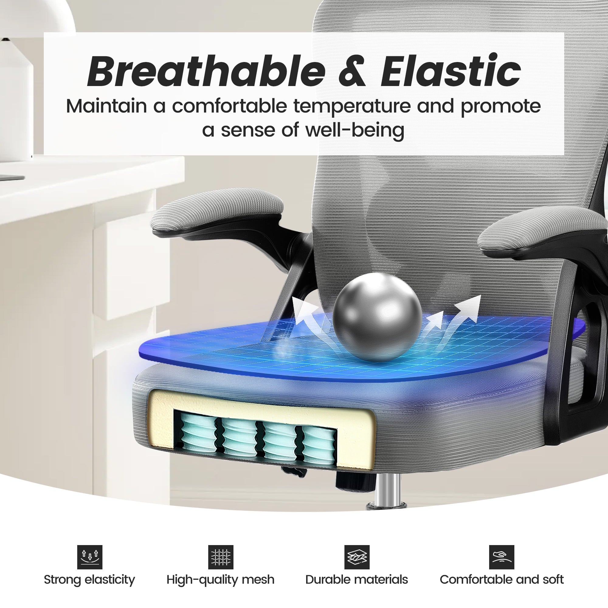 Ergonomic Office Chair, High Back Mesh Office Desk Chair with Headrest 500LBS, Executive Office Chair with Adjustable Aremrest, Home Office Swivel Desk Chair for Home Office, Light Gray