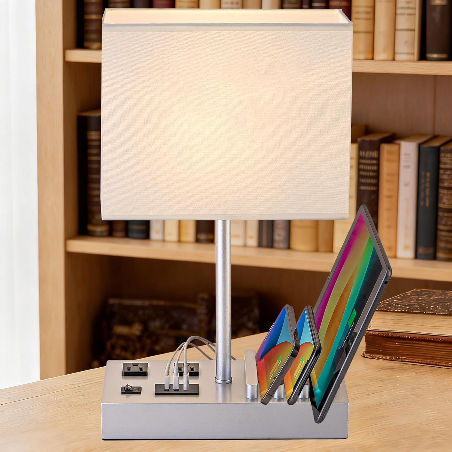 Modern Bedside Table Lamp with 3 USB Ports, 2 AC Outlets & Phone Stands - Stylish Silver Wooden Base Design