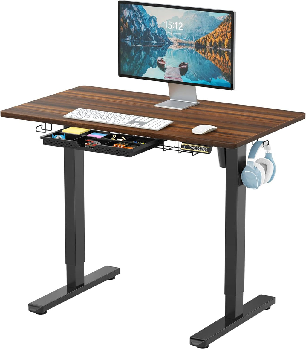 40-Inch Electric Height Adjustable Standing Desk with Drawer, Memory Preset and Cable Management Tray, Walnut
