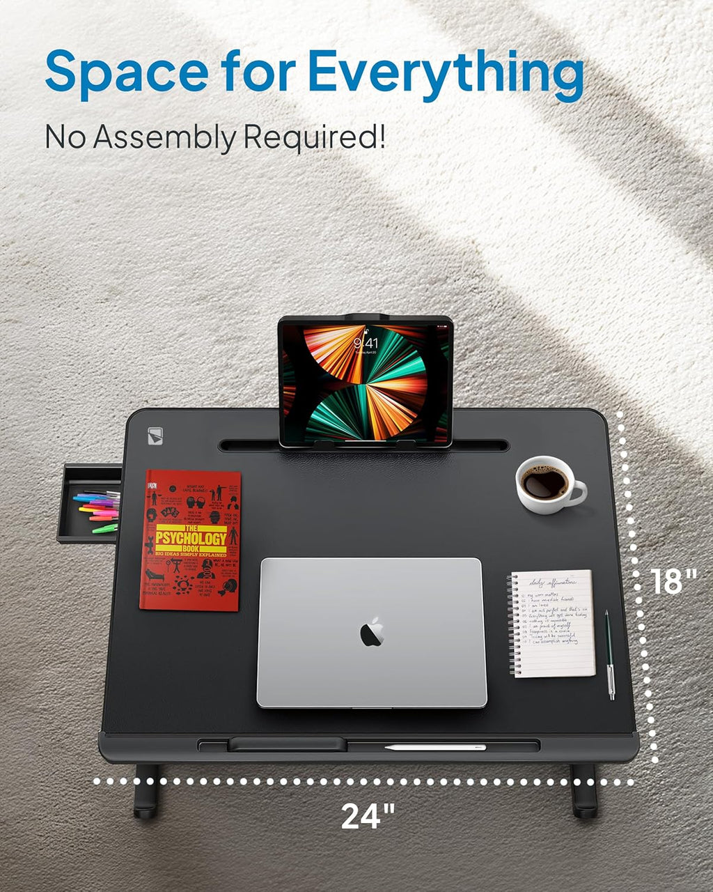 Ergonomic Deskpro XL 23.6" Adjustable Laptop Bed Desk - Versatile Tray for Work, Eating & Leisure with Leather Finish, Drawer & Book Stand (Black)