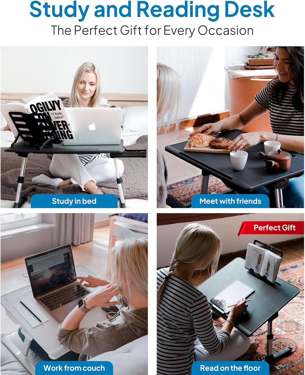 Ergonomic Deskpro XL 23.6" Adjustable Laptop Bed Desk - Versatile Tray for Work, Eating & Leisure with Leather Finish, Drawer & Book Stand (Black)