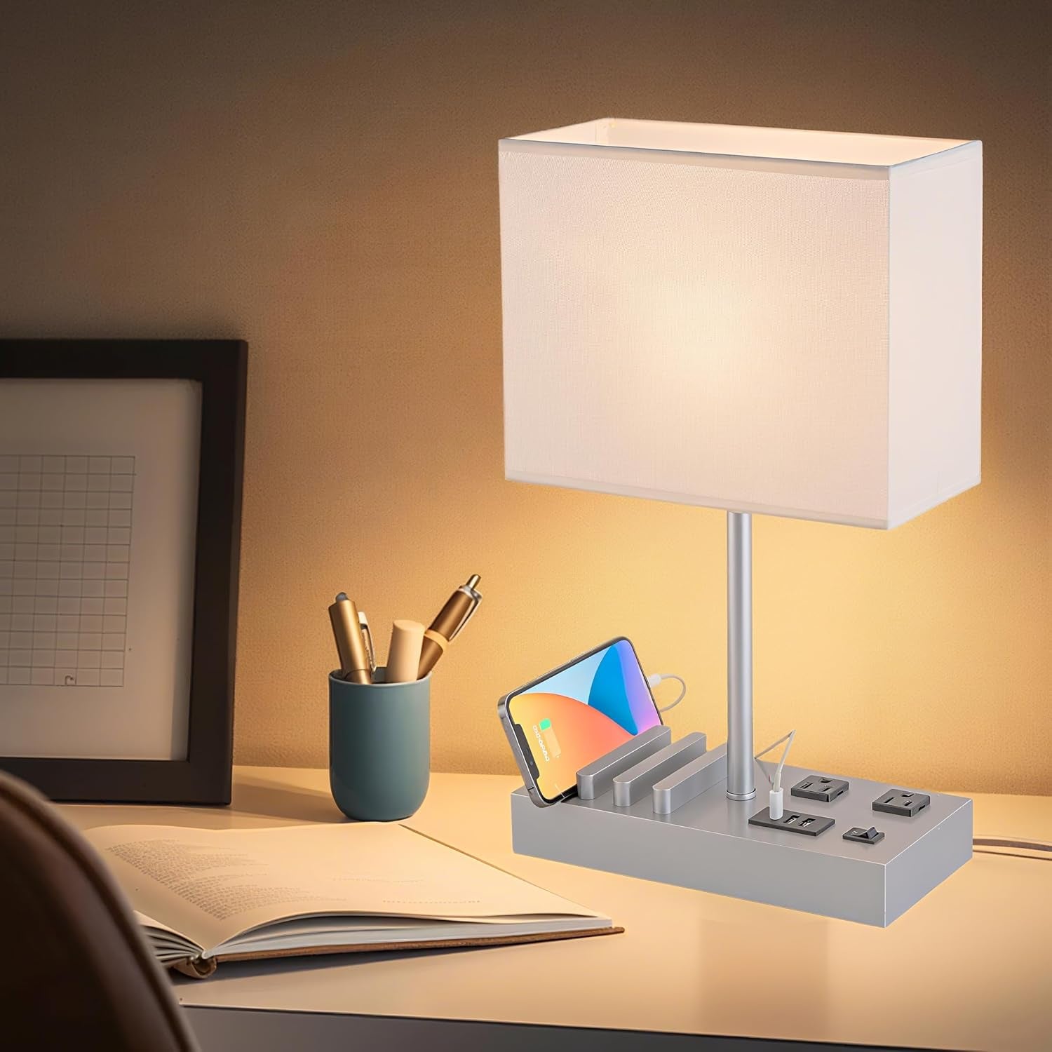 Modern Bedside Table Lamp with 3 USB Ports, 2 AC Outlets & Phone Stands - Stylish Silver Wooden Base Design