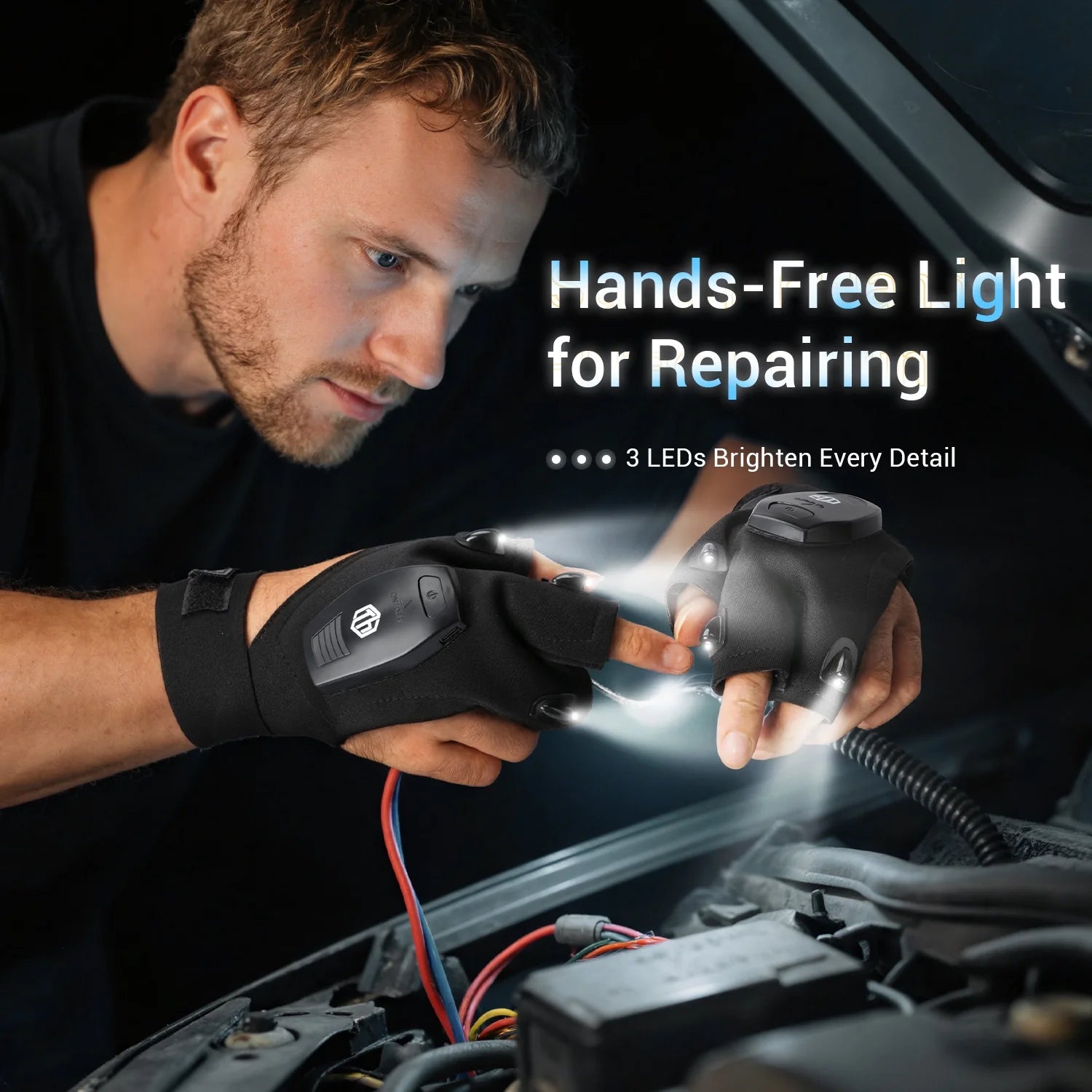 Rechargeable LED Flashlight Gloves, Christmas Gifts for Husband, Cool Gadgets for Camping Repairing Fishing, 1 Pair Black