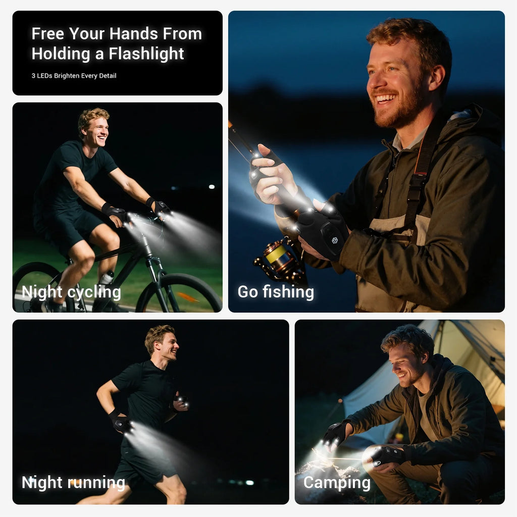 Rechargeable LED Flashlight Gloves, Christmas Gifts for Husband, Cool Gadgets for Camping Repairing Fishing, 1 Pair Black