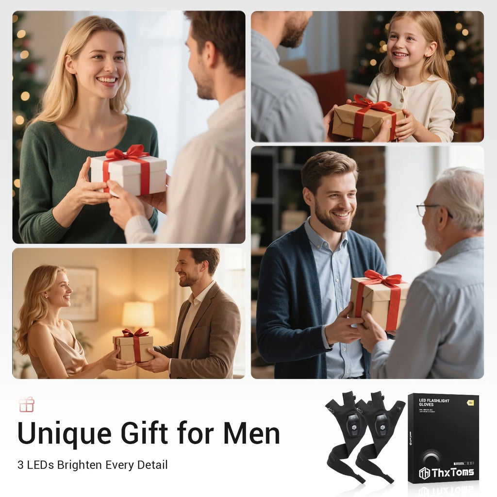 Rechargeable LED Flashlight Gloves, Christmas Gifts for Husband, Cool Gadgets for Camping Repairing Fishing, 1 Pair Black