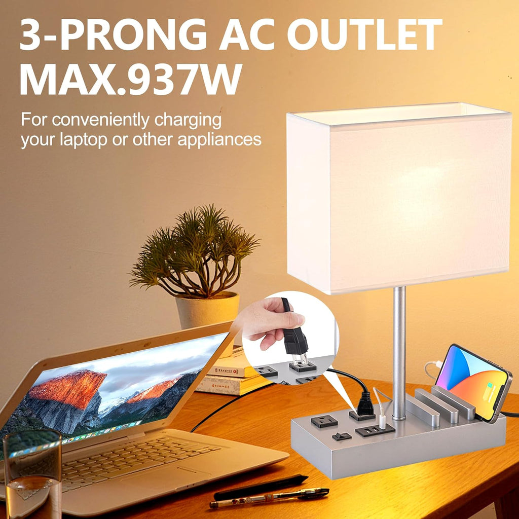 Modern Bedside Table Lamp with 3 USB Ports, 2 AC Outlets & Phone Stands - Stylish Silver Wooden Base Design