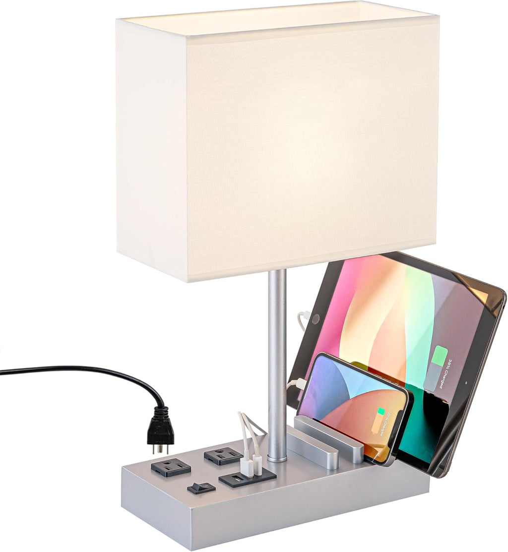 Modern Bedside Table Lamp with 3 USB Ports, 2 AC Outlets & Phone Stands - Stylish Silver Wooden Base Design