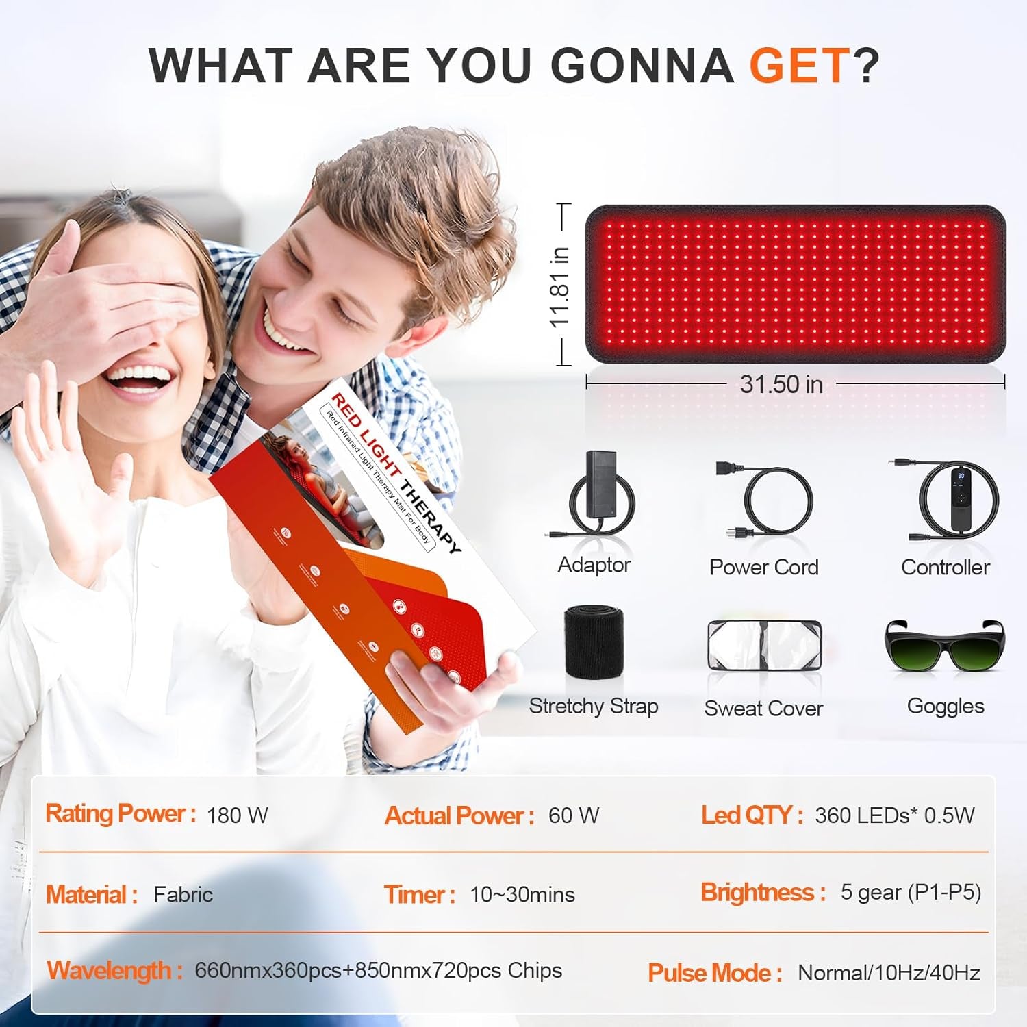 Red Light Therapy Mat for Body, 360 Leds Red Light Therapy Pad 660Nm & 850Nm Infrared Light Therapy Blanket with Timer for Body Back Waist Shoulder Muscle Pain Relief, 60W, 31.5" X 11.8"