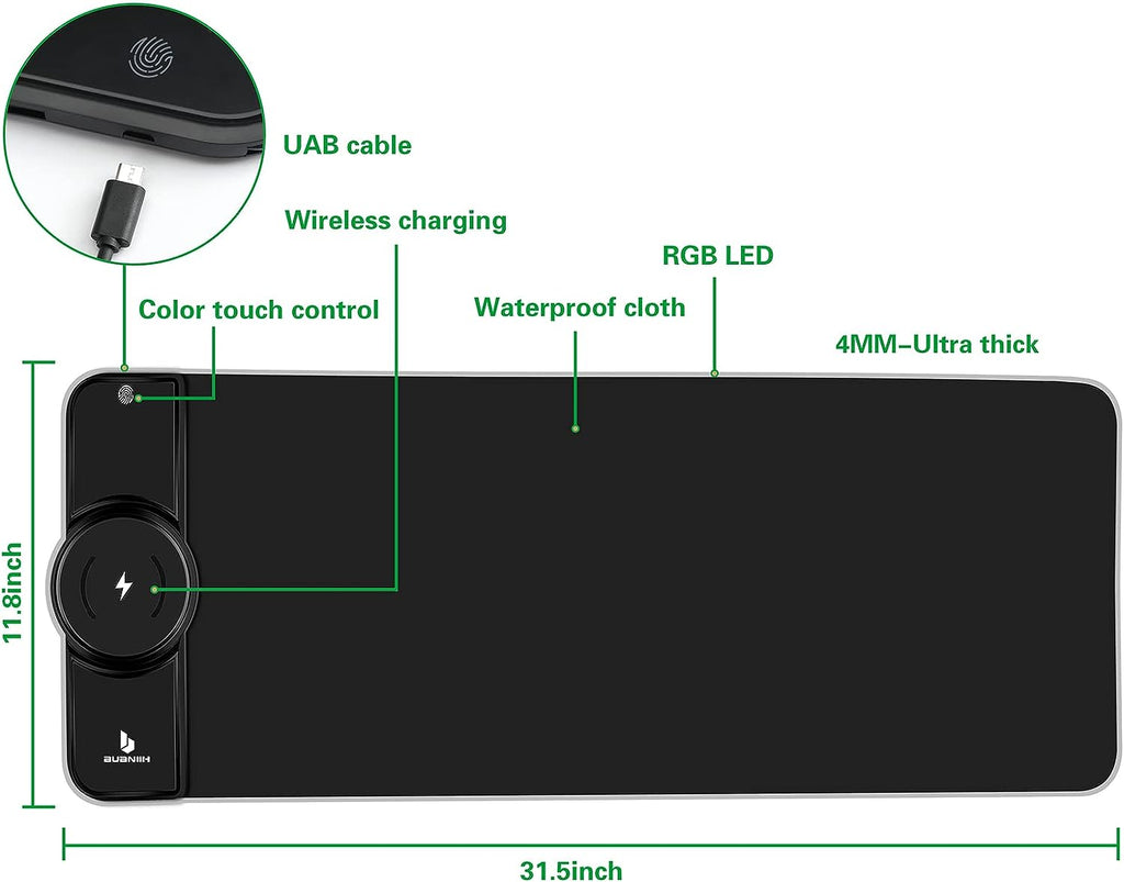 Flare Color Gaming Mouse Pad with Wireless Charging - 15W Fast Charging, 10 Lighting Modes, Perfect for Gaming Keyboard & Mouse, Home & Office, 31.5" x 11.8