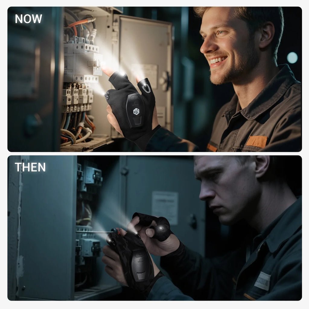 Rechargeable LED Flashlight Gloves, Christmas Gifts for Husband, Cool Gadgets for Camping Repairing Fishing, 1 Pair Black