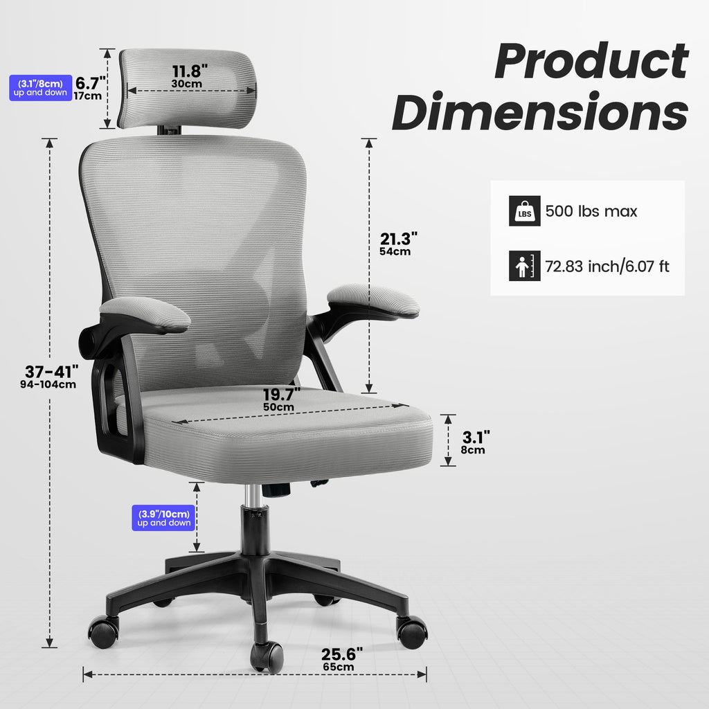Ergonomic Office Chair, High Back Mesh Office Desk Chair with Headrest 500LBS, Executive Office Chair with Adjustable Aremrest, Home Office Swivel Desk Chair for Home Office, Light Gray