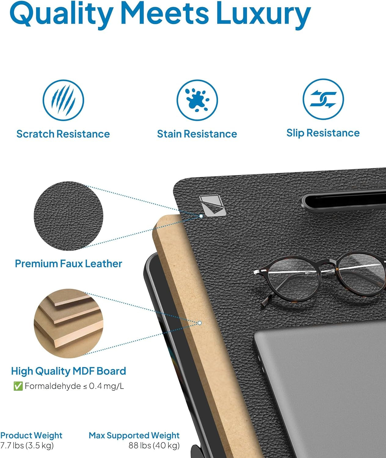 Ergonomic Deskpro XL 23.6" Adjustable Laptop Bed Desk - Versatile Tray for Work, Eating & Leisure with Leather Finish, Drawer & Book Stand (Black)