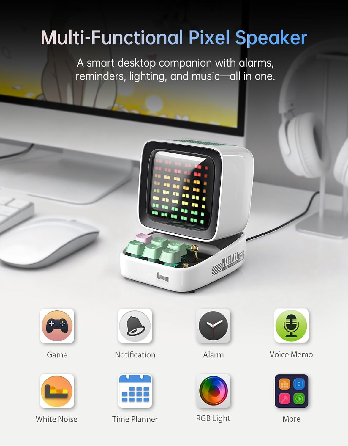 Ditoo Retro Pixel Art Bluetooth Speaker with App-Controlled LED Screen - Stylish White Design