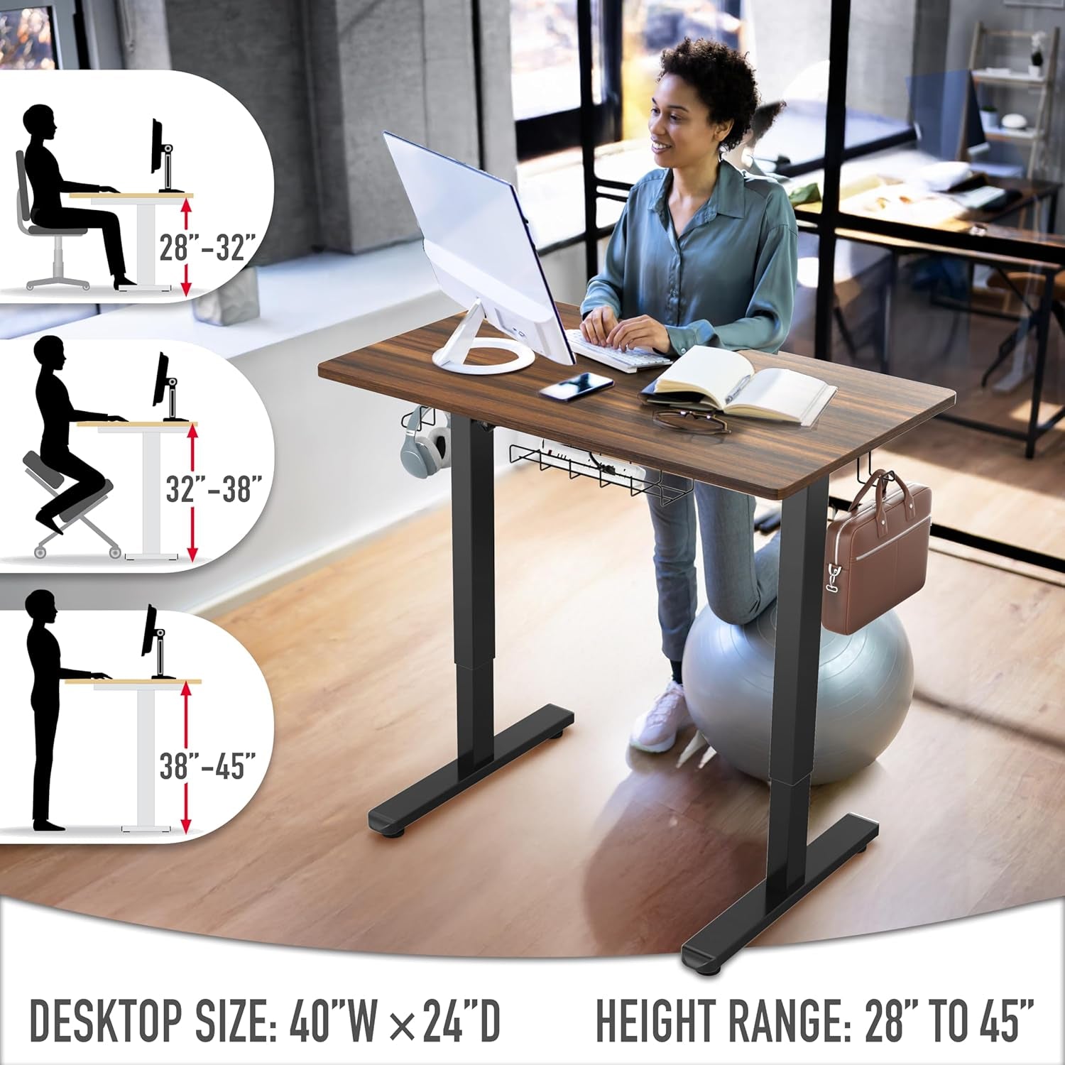 40-Inch Electric Height Adjustable Standing Desk with Drawer, Memory Preset and Cable Management Tray, Walnut