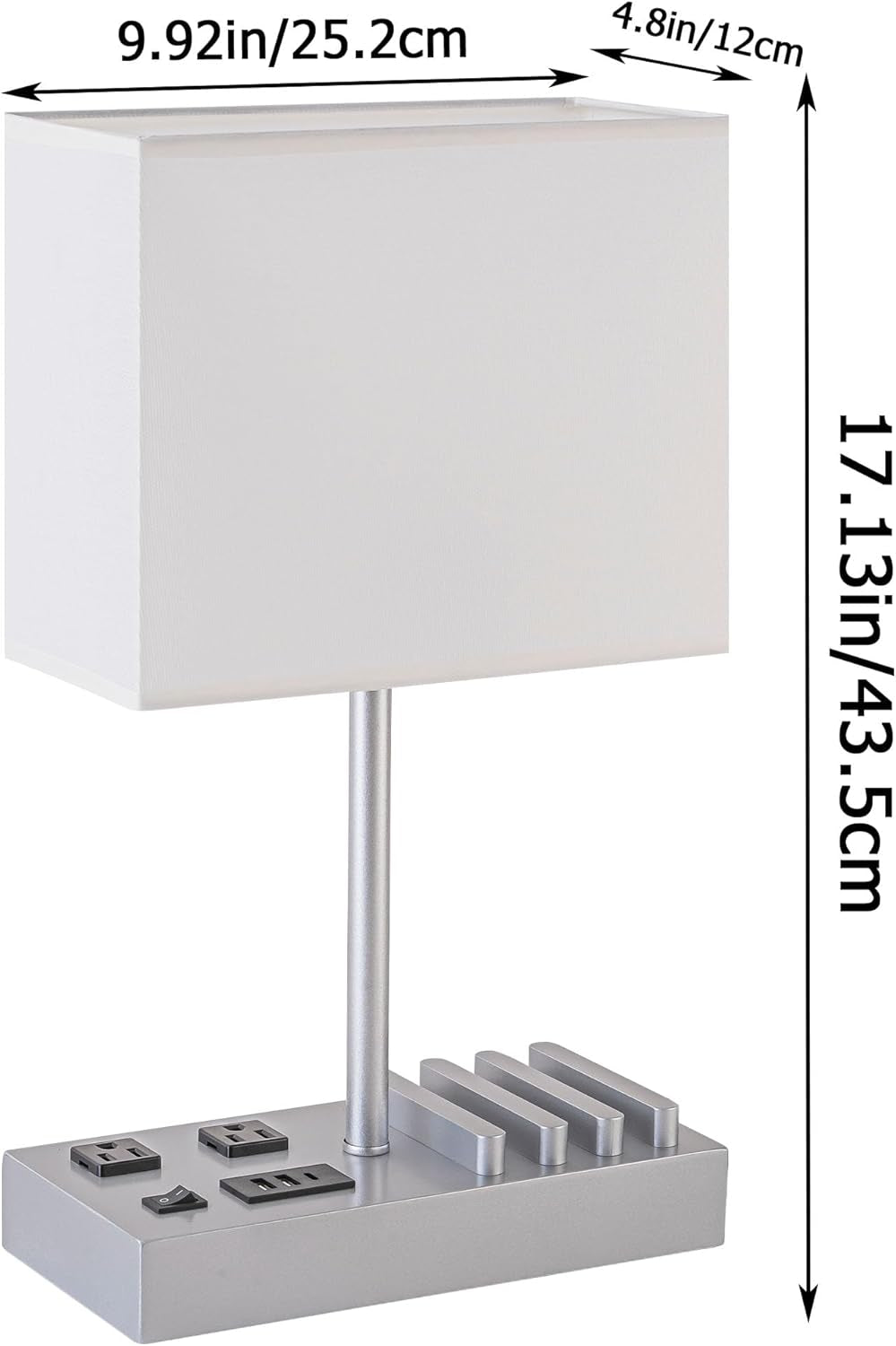 Modern Bedside Table Lamp with 3 USB Ports, 2 AC Outlets & Phone Stands - Stylish Silver Wooden Base Design